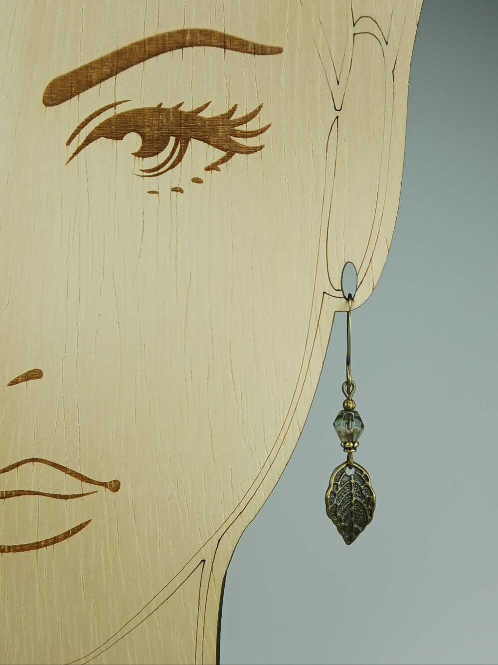 Moss Green Czech Glass Leaf Earrings Antique Brass Botanical Hand Crafted - Picture 5 of 6